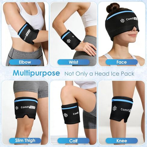 غطاء تخفيف الصداع النصفي ثنائي الجل من كومفي تيك، تبريد ممتد لمدة 30 دقيقة، حزمة باردة قابلة للفصل وقناع وجه جل مرن لرأس الثلج مهدئ للصداع والجيوب الأنفية والعيون المنتفخة والتوتر والإجهاد in Kuwait