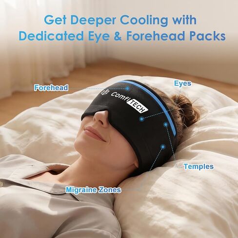 غطاء تخفيف الصداع النصفي ثنائي الجل من كومفي تيك، تبريد ممتد لمدة 30 دقيقة، حزمة باردة قابلة للفصل وقناع وجه جل مرن لرأس الثلج مهدئ للصداع والجيوب الأنفية والعيون المنتفخة والتوتر والإجهاد in Kuwait