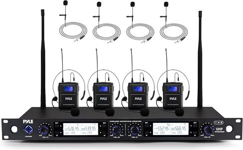 Pyle Wireless Microphone System with 4-Channel Mic Receiver | Includes 4 Lavalier & 4 Headset Mics | Independent Volume Controls and Rack Mountable Design | 300 ft Range for Live Conferences & Events in Saudi Arabia