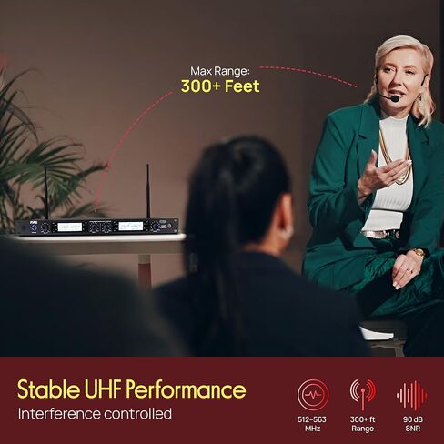 Pyle Wireless Microphone System with 4-Channel Mic Receiver | Includes 4 Lavalier & 4 Headset Mics | Independent Volume Controls and Rack Mountable Design | 300 ft Range for Live Conferences & Events in Saudi Arabia