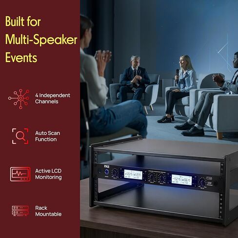 Pyle Wireless Microphone System with 4-Channel Mic Receiver | Includes 4 Lavalier & 4 Headset Mics | Independent Volume Controls and Rack Mountable Design | 300 ft Range for Live Conferences & Events in Saudi Arabia