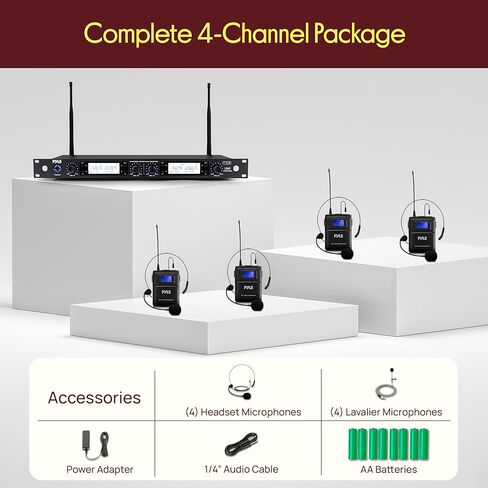 Pyle Wireless Microphone System with 4-Channel Mic Receiver | Includes 4 Lavalier & 4 Headset Mics | Independent Volume Controls and Rack Mountable Design | 300 ft Range for Live Conferences & Events in Saudi Arabia