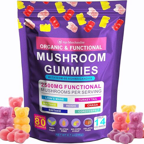 Mushroom Gummies with Ashwagandha, Lion’s Mane, Reishi, Cordyceps, Turkey Tail, Maitake, Shiitake & Chaga, Vegan Mushroom Supplement Gummy, Gluten Free, Mixed Fruit Flavor, 80 Count in Saudi Arabia