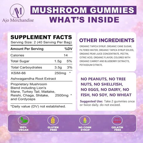 Mushroom Gummies with Ashwagandha, Lion’s Mane, Reishi, Cordyceps, Turkey Tail, Maitake, Shiitake & Chaga, Vegan Mushroom Supplement Gummy, Gluten Free, Mixed Fruit Flavor, 80 Count in Saudi Arabia