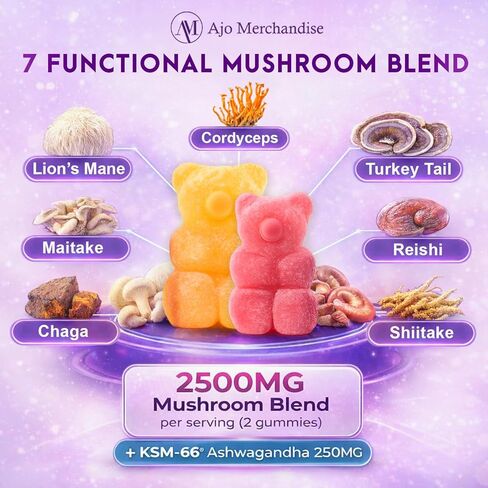 Mushroom Gummies with Ashwagandha, Lion’s Mane, Reishi, Cordyceps, Turkey Tail, Maitake, Shiitake & Chaga, Vegan Mushroom Supplement Gummy, Gluten Free, Mixed Fruit Flavor, 80 Count in Saudi Arabia