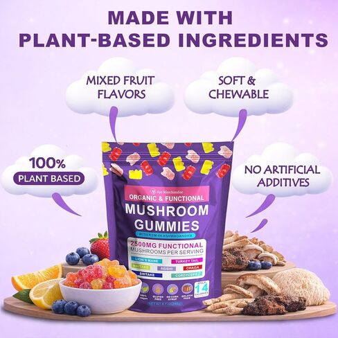 Mushroom Gummies with Ashwagandha, Lion’s Mane, Reishi, Cordyceps, Turkey Tail, Maitake, Shiitake & Chaga, Vegan Mushroom Supplement Gummy, Gluten Free, Mixed Fruit Flavor, 80 Count in Saudi Arabia