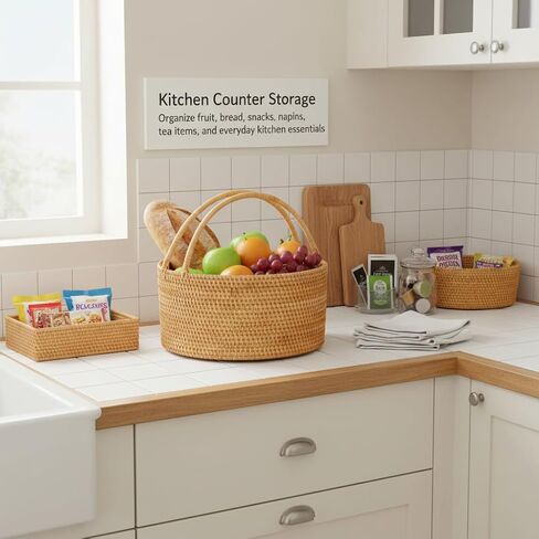 Handwoven Rattan Storage Basket with Handles, Natural Wicker Decorative Basket for Kitchen Counter, Pantry Organization, Floral Arrangement, Gift Packaging & Home Decor in Saudi Arabia