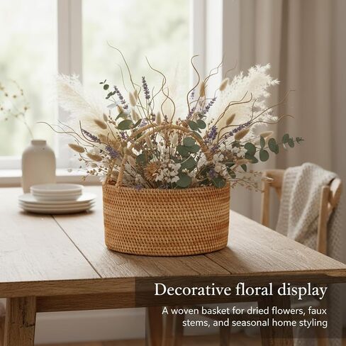 Handwoven Rattan Storage Basket with Handles, Natural Wicker Decorative Basket for Kitchen Counter, Pantry Organization, Floral Arrangement, Gift Packaging & Home Decor in Saudi Arabia