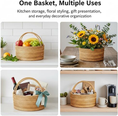 Handwoven Rattan Storage Basket with Handles, Natural Wicker Decorative Basket for Kitchen Counter, Pantry Organization, Floral Arrangement, Gift Packaging & Home Decor in Saudi Arabia