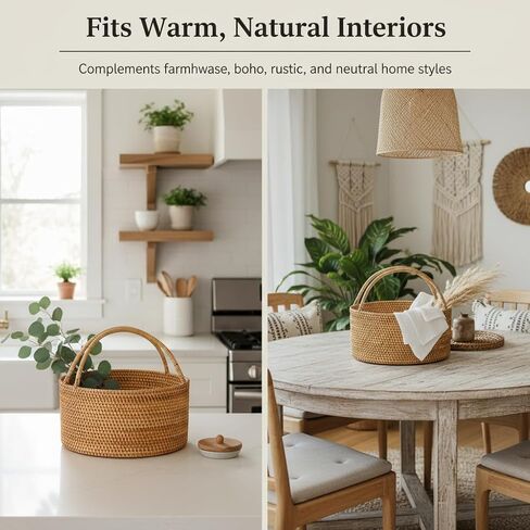 Handwoven Rattan Storage Basket with Handles, Natural Wicker Decorative Basket for Kitchen Counter, Pantry Organization, Floral Arrangement, Gift Packaging & Home Decor in Saudi Arabia