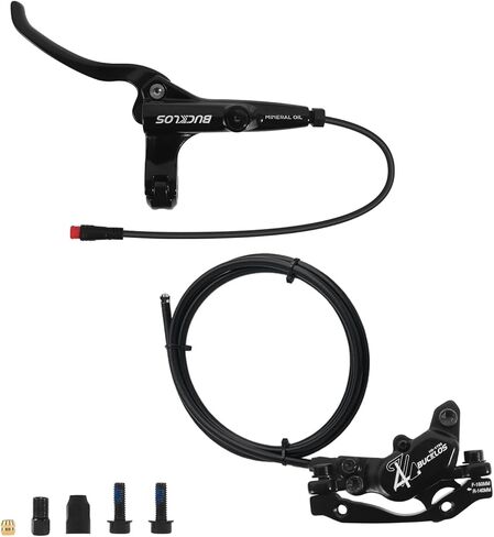 BUCKLOS EBike 2-PIN 4 مكابس مجموعة فرامل قرصية هيدروليكية لإيقاف الطاقة الكهربائية MTB، دراجة إلكترونية أمامية يسار 1150 مم وخلفية يمين 1950 مم رافعة فرجار من سبائك الألومنيوم للدراجة الإلكترونية/السكوتر/الدراجة الجبلية HD-E735 (مسبقة النزف) in Saudi Arabia