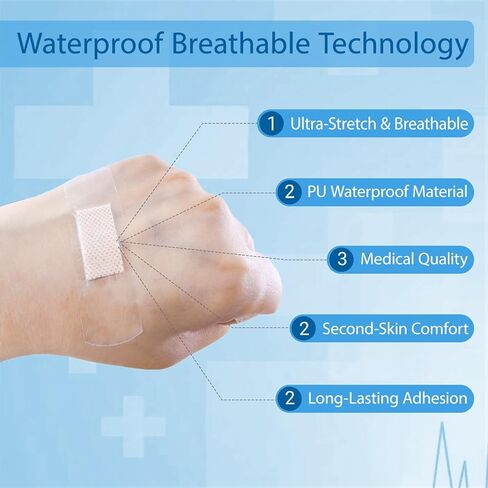 200 قطعة من الضمادات المقاومة للماء من مادة البولي يوريثين الشفافة والشفافة للإسعافات الأولية والسباحة والاستحمام ومستلزمات العناية بالجروح مقاس 0.8 بوصة × 2.8 بوصة in Kuwait
