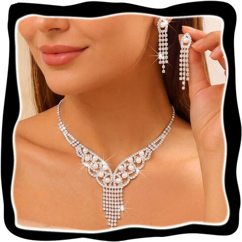 قلادة وحجر الراين البريشو ومرنك مجموعة زفاف زفاف لؤلؤة الفضة لعرائس المجوهرات الرسمية للنساء in Kuwait