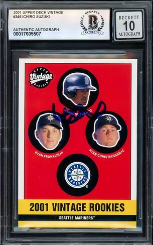 Ichiro Suzuki Autographed 2001 Upper Deck Vintage Rookie Card #346 Seattle Mariners Auto Grade Gem Mint 10 Beckett BAS Stock #238927 - Baseball Slabbed Autographed Rookie Cards in Saudi Arabia