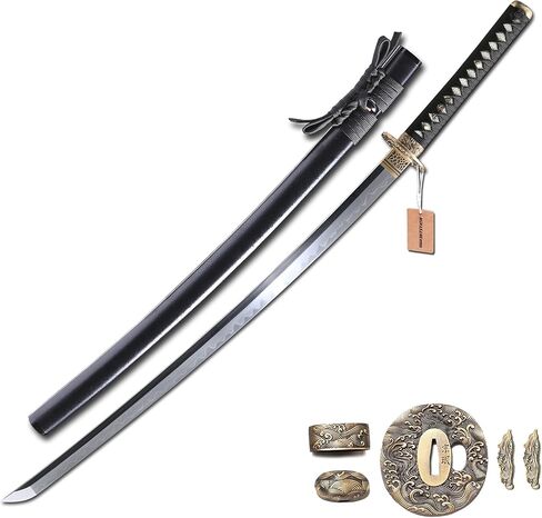 MURASAME 41" Katana Sword Clay Tempered Damascus Folded Steel Real Hamon Brass Tsuba Very Sharp in Kuwait