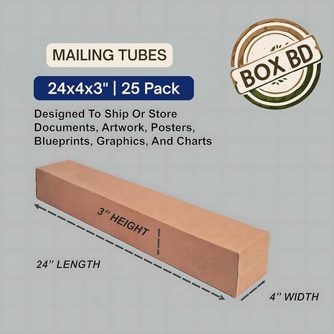 صناديق بريد 28 × 4 × 3 و24 × 4 × 3 - 25 عبوة من أنابيب الشحن المموجة الطويلة، صندوق كرافت معاد تدويره للملصقات والمخططات والرسوم البيانية والمستندات وصناديق كبيرة بالجملة قوية (24 بوصة × 4 بوصة × 3 بوصة) in Saudi Arabia