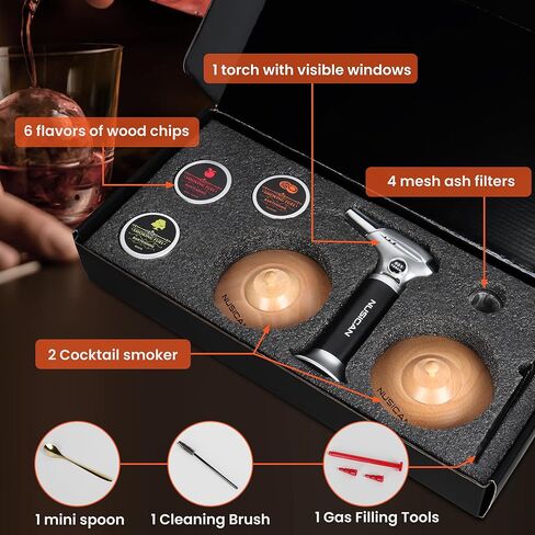 طقم مدخن الكوكتيل مع الشعلة، 6 نكهات خشبية للويسكي والبوربون، طقم مدخن قديم الطراز للكوكتيل المملوء والجبن والسلطة واللحوم، هدايا للرجال والأب والصديق (بدون البيوتان) in Kuwait