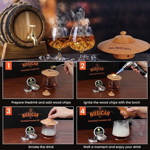 طقم مدخن الكوكتيل مع الشعلة، 6 نكهات خشبية للويسكي والبوربون، طقم مدخن قديم الطراز للكوكتيل المملوء والجبن والسلطة واللحوم، هدايا للرجال والأب والصديق (بدون البيوتان) in Kuwait