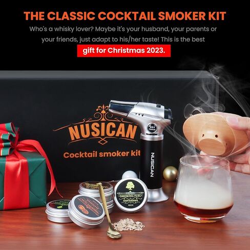 طقم مدخن الكوكتيل مع الشعلة، 6 نكهات خشبية للويسكي والبوربون، طقم مدخن قديم الطراز للكوكتيل المملوء والجبن والسلطة واللحوم، هدايا للرجال والأب والصديق (بدون البيوتان) in Kuwait