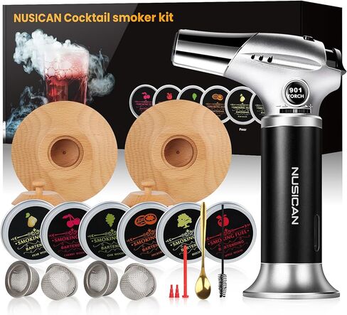 طقم مدخن الكوكتيل مع الشعلة، 6 نكهات خشبية للويسكي والبوربون، طقم مدخن قديم الطراز للكوكتيل المملوء والجبن والسلطة واللحوم، هدايا للرجال والأب والصديق (بدون البيوتان) in Kuwait
