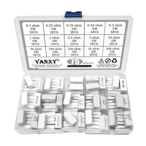 15Values 5W Ceramic Cement Resistor 75Pcs Kits 0.1R 0.22R 0.25R 0.33R 0.5R 1R 2R 2.2R 2.5R 10R 20R 100R 330R 1K 10K ohm ±5% Axial Lead Wire White Wound Fixed Wirewound Power Resistor in Kuwait