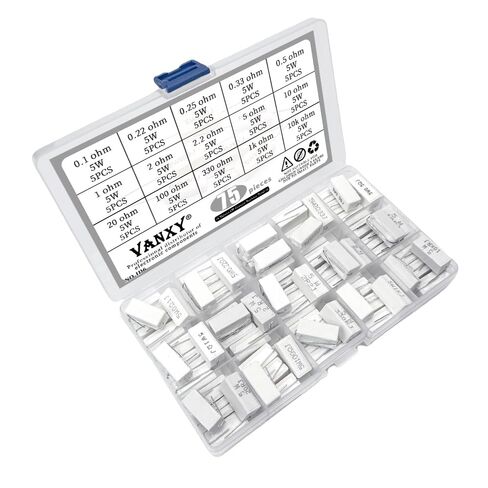15Values 5W Ceramic Cement Resistor 75Pcs Kits 0.1R 0.22R 0.25R 0.33R 0.5R 1R 2R 2.2R 2.5R 10R 20R 100R 330R 1K 10K ohm ±5% Axial Lead Wire White Wound Fixed Wirewound Power Resistor in Kuwait
