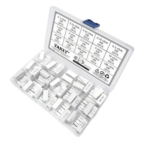 15Values 5W Ceramic Cement Resistor 75Pcs Kits 0.1R 0.22R 0.25R 0.33R 0.5R 1R 2R 2.2R 2.5R 10R 20R 100R 330R 1K 10K ohm ±5% Axial Lead Wire White Wound Fixed Wirewound Power Resistor in Kuwait