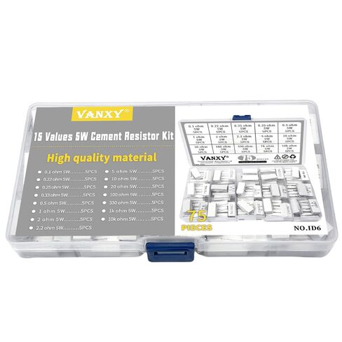 15Values 5W Ceramic Cement Resistor 75Pcs Kits 0.1R 0.22R 0.25R 0.33R 0.5R 1R 2R 2.2R 2.5R 10R 20R 100R 330R 1K 10K ohm ±5% Axial Lead Wire White Wound Fixed Wirewound Power Resistor in Kuwait