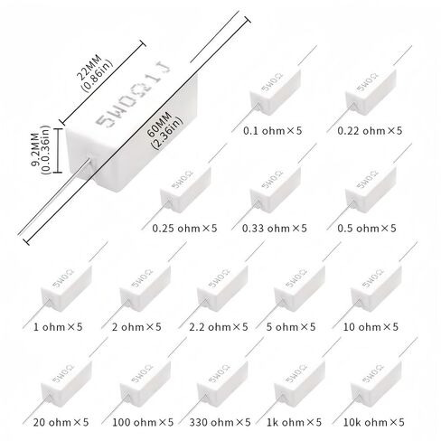 15Values 5W Ceramic Cement Resistor 75Pcs Kits 0.1R 0.22R 0.25R 0.33R 0.5R 1R 2R 2.2R 2.5R 10R 20R 100R 330R 1K 10K ohm ±5% Axial Lead Wire White Wound Fixed Wirewound Power Resistor in Kuwait