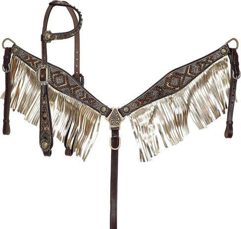 Showman Cowboy Carving Single Ear Leather Headstall & Breast Collar Set in Saudi Arabia