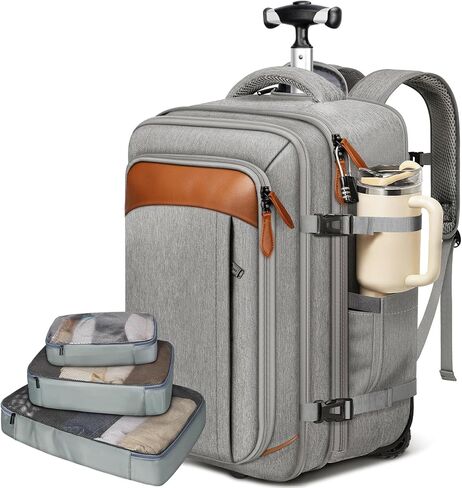 Vancropak Expandable Travel Rolling Backpack with Wheels, Airline Approved Wheeled Backpack with 3 Packing Cubes, 17 Inch Roller Carry on Luggage Suitcase Laptop Bag with USB Port for Men Women, Grey in Kuwait