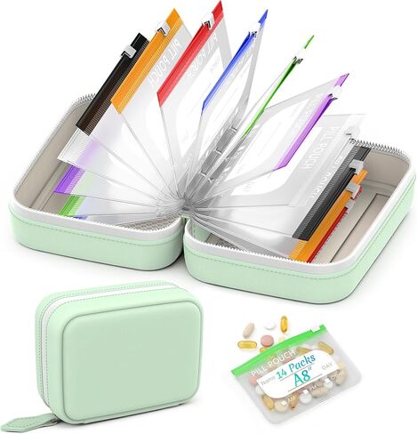 A8 Waterproof Pill Pouch Set, Large Weekly Pill Organizer with 14 Color-Coded Medicine Pouches, Reusable Travel Medicine Organizer, Zippered Pill Storage for Fish Oils, Vitamins（Green） in Saudi Arabia