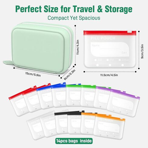 A8 Waterproof Pill Pouch Set, Large Weekly Pill Organizer with 14 Color-Coded Medicine Pouches, Reusable Travel Medicine Organizer, Zippered Pill Storage for Fish Oils, Vitamins（Green） in Saudi Arabia