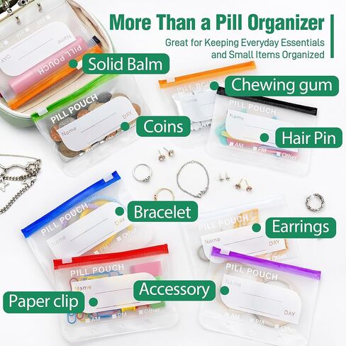 A8 Waterproof Pill Pouch Set, Large Weekly Pill Organizer with 14 Color-Coded Medicine Pouches, Reusable Travel Medicine Organizer, Zippered Pill Storage for Fish Oils, Vitamins（Green） in Saudi Arabia