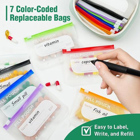A8 Waterproof Pill Pouch Set, Large Weekly Pill Organizer with 14 Color-Coded Medicine Pouches, Reusable Travel Medicine Organizer, Zippered Pill Storage for Fish Oils, Vitamins（Green） in Saudi Arabia