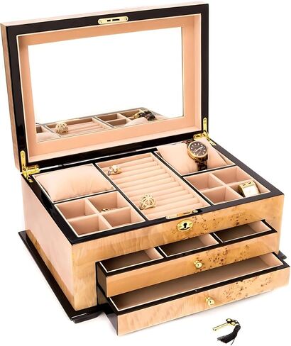 Bey-Berk Solid Walnut Wood Jewelry Box على قاعدة البلوط ، وحجم كبير ، وصندوق مجوهرات من ثلاثة مستويين ، ورنيش عالي in Kuwait