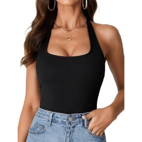 Rooscier Women's Halter Scoop Neck Self Tie Sleeveless Backless Ribbed Knit Sexy Bodysuit