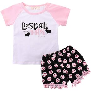 Toddler Baby Girl Summer Outfits Baseball Sister Print T-Shirts Tops + Tassel Shorts Two Piece Clothes Set