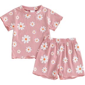 TheFound Toddler Baby Girls Summer Outfits Floral Print Crew Neck Short Sleeve T-Shirts Tops Shorts 2Pcs Newborn Clothing Set