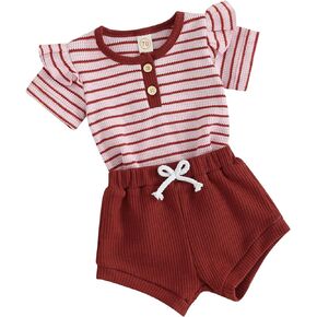 Baby Girl Summer Outfit Solid Color Waffle Short Sleeve Romper with Elastic Waist Shorts Set Infant Summer Clothes