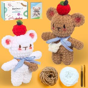 BENIMUS Crochet Kit for Beginner, 10 Inch Crochet Stuffed Animal Kit Bear, Crochet Kits with Step-by-Step Video Tutorials, DIY Crochet Starter Kit Gift for Adults Kids Knitting Supplies, 2 Pack