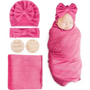 BQUBO Baby Swaddle Blankets for Girls, 4PCS Newborn Accessories Set with Matching Hat and Bow Headband with Card