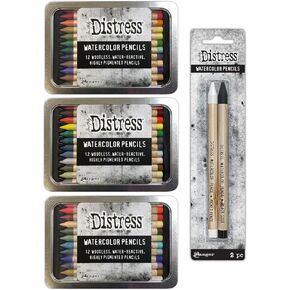 Ranger Ink Bundle - Tim Holtz Distress Watercolor Pencils Sets 4, 5, 6 And 2 Pack Picket Fence and Black Soot