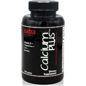 Saba Calcium Plus - Bone Strength - Calcium, Magnesium, Potassium, Vitamin D, Zinc, Betaine - GMO, Soy, Gluten Free Ingredients - Whole Food Supplement for Bone Health, Immune - 90 Caplets