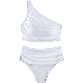 SweatyRocks Women's Ruched 2 Piece Swimsuits One Shoulder Tummy Control Bathing Suits