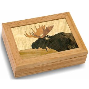 Wood Moose Gift Box - Trinket Organizer With Hinged Lid - Store Rings, Bracelets, Watches, Coins - Great Gift For Any Occasion - Birthdays, Christmas, Graduation - (#2122AH 6x8x2)