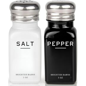 Glass Salt and Pepper Shakers Set by Brighter Barns - Modern Kitchen Decor, Dining Table Countertop Accessory - Rustic, Farmhouse, Vintage Glass Shakers with Stainless Steel Lids for Home, Restaurant