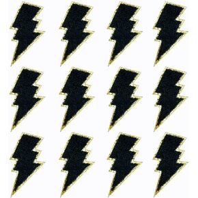 12 PCS Black Lightning Patch Gold Edges Lightning Bolt Patch Chenille Iron On Patch Sew On Patch for DIY Hats Bags Jackets