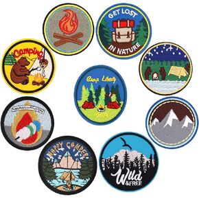 9pcs Outdoor Round Camper Iron on Patches Embroidered Motif Applique Decoration Sew On Patches Custom Patches for DIY Jeans,Jacket,Clothes,Bag,Backpack,Cap,Arts Craft Sew Making (Camper 9pcs)