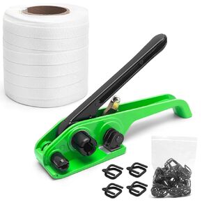 Banding Strapping Kit, Pallet Packaging Strapping Banding Kit, Woven Cord Banding Strapping Kit with Strapping Tensioner, 50 Metal Buckles, 328' Strapping, Heavy Duty Polyester Strapping Kit